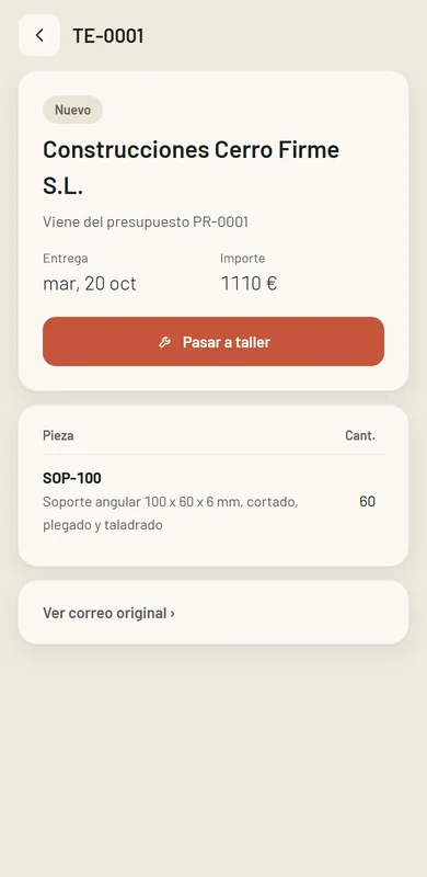 Pedido listo para pasar a taller